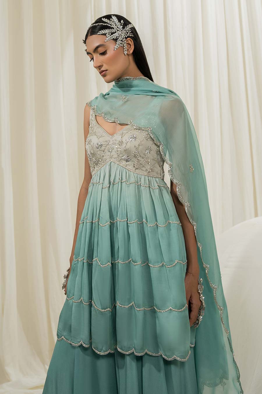 Light Mint-Turquoise Embroidered Sharara Set