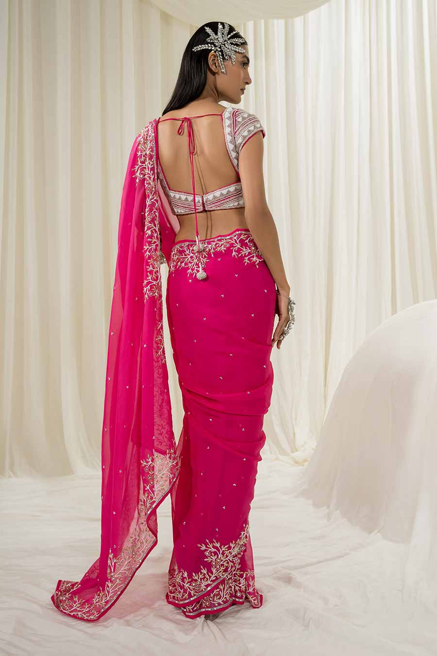 Hot Pink Embroidered Saree Set