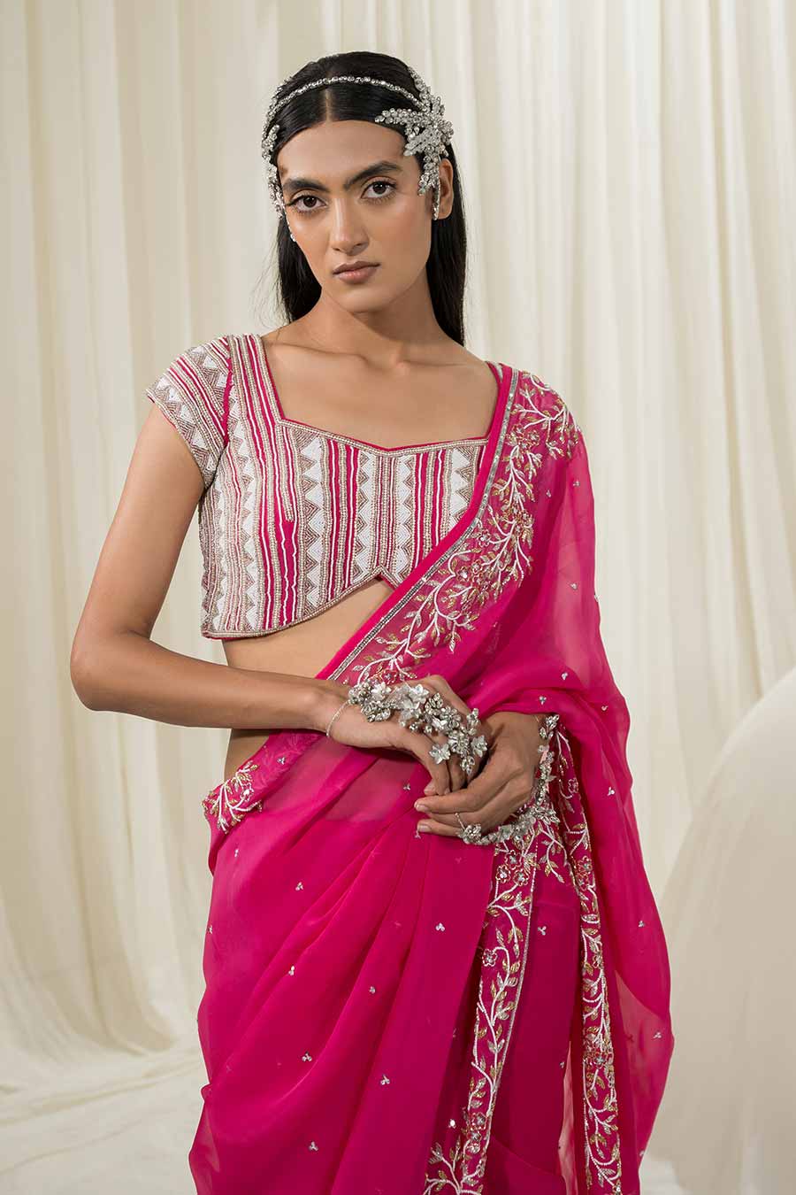 Hot Pink Embroidered Saree Set