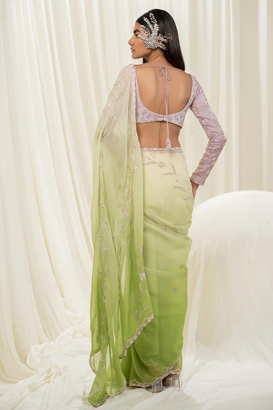 Off White-Parrot Green Embroidered Saree Set