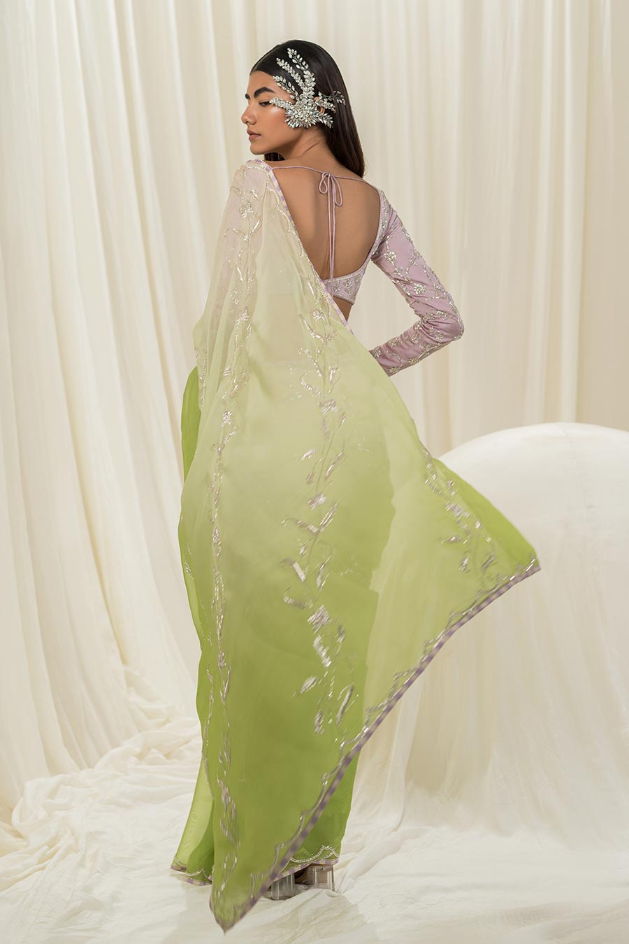Off White-Parrot Green Embroidered Saree Set