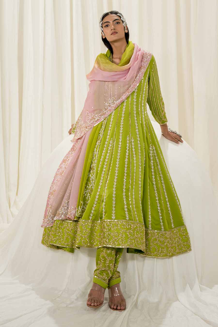 Parrot Green Embroidered Anarkali Set