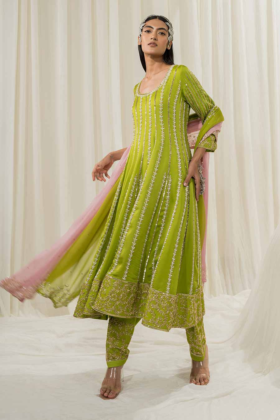 Parrot Green Embroidered Anarkali Set