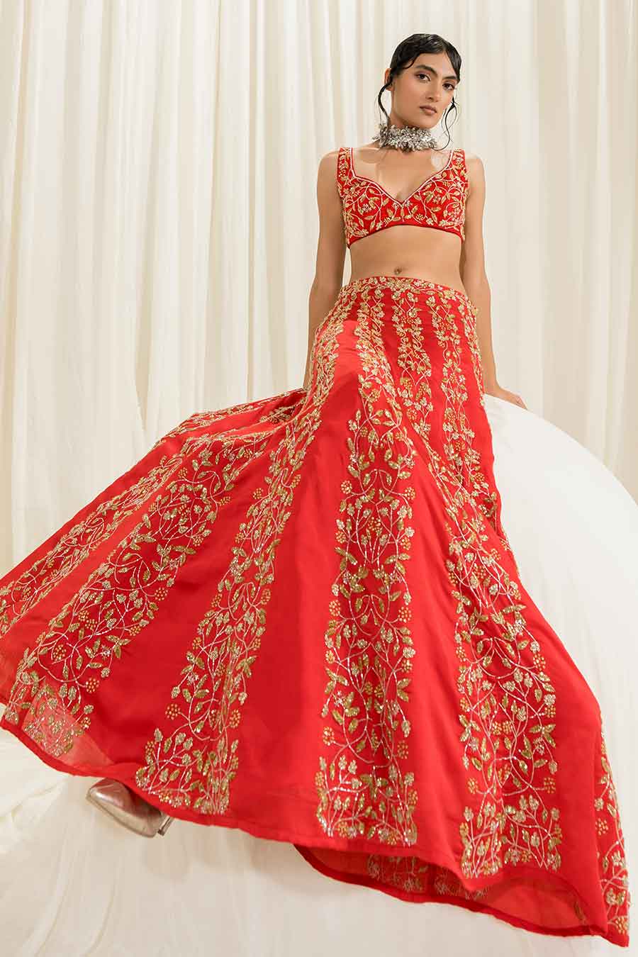 Red Embroidered Lehenga Set