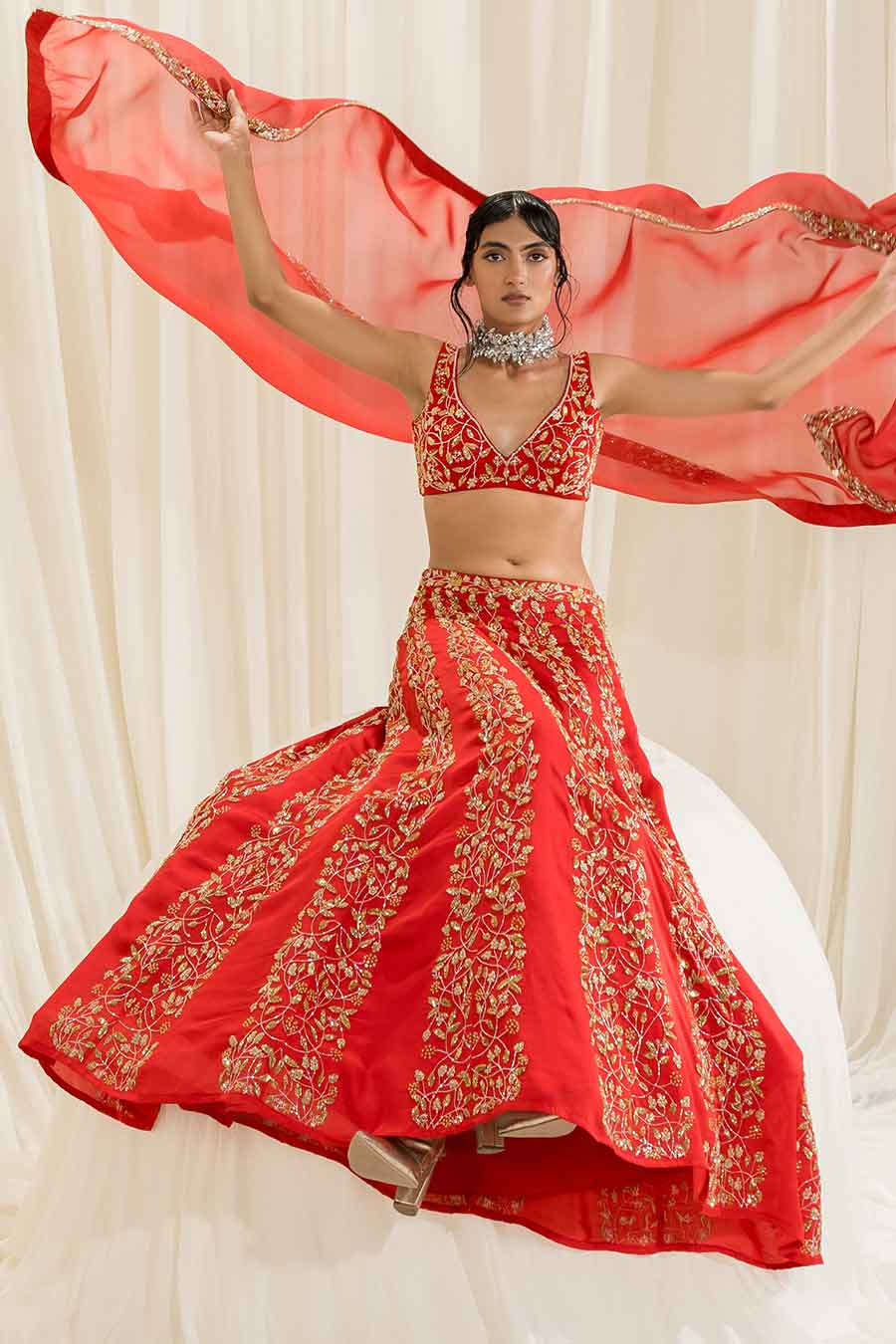 Red Embroidered Lehenga Set