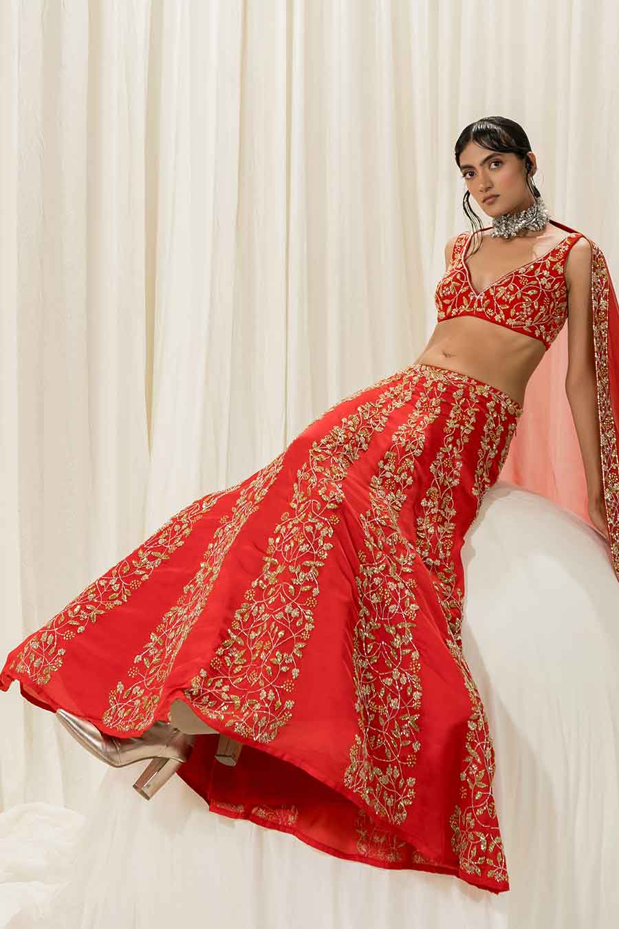 Red Embroidered Lehenga Set