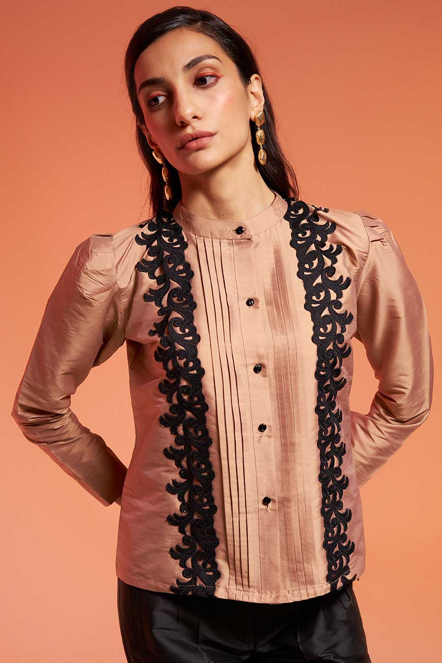 Beige & Black Cutwork Shirt & Pant Set