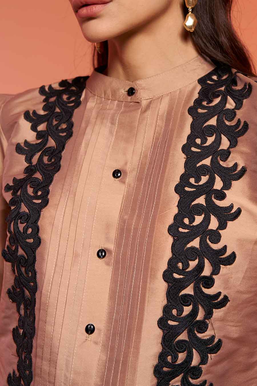 Beige & Black Cutwork Shirt & Pant Set