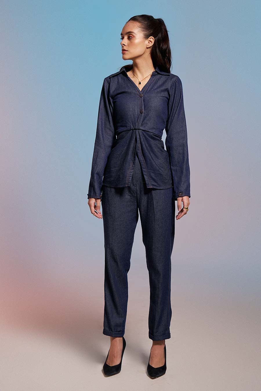 Blue Foldover Shirt & Pant Co-Ord Set