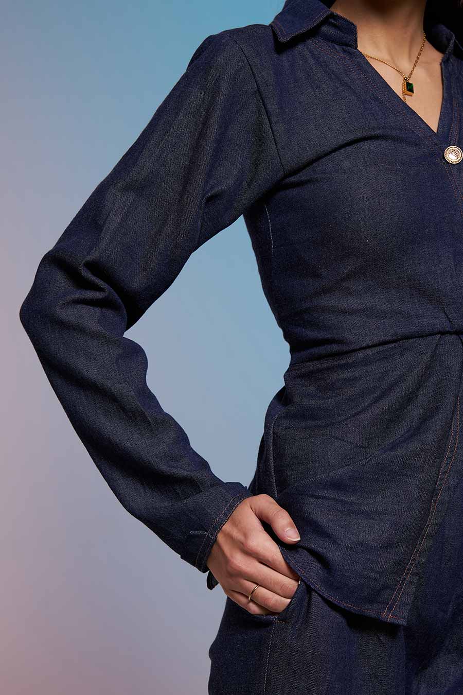 Blue Foldover Shirt & Pant Co-Ord Set