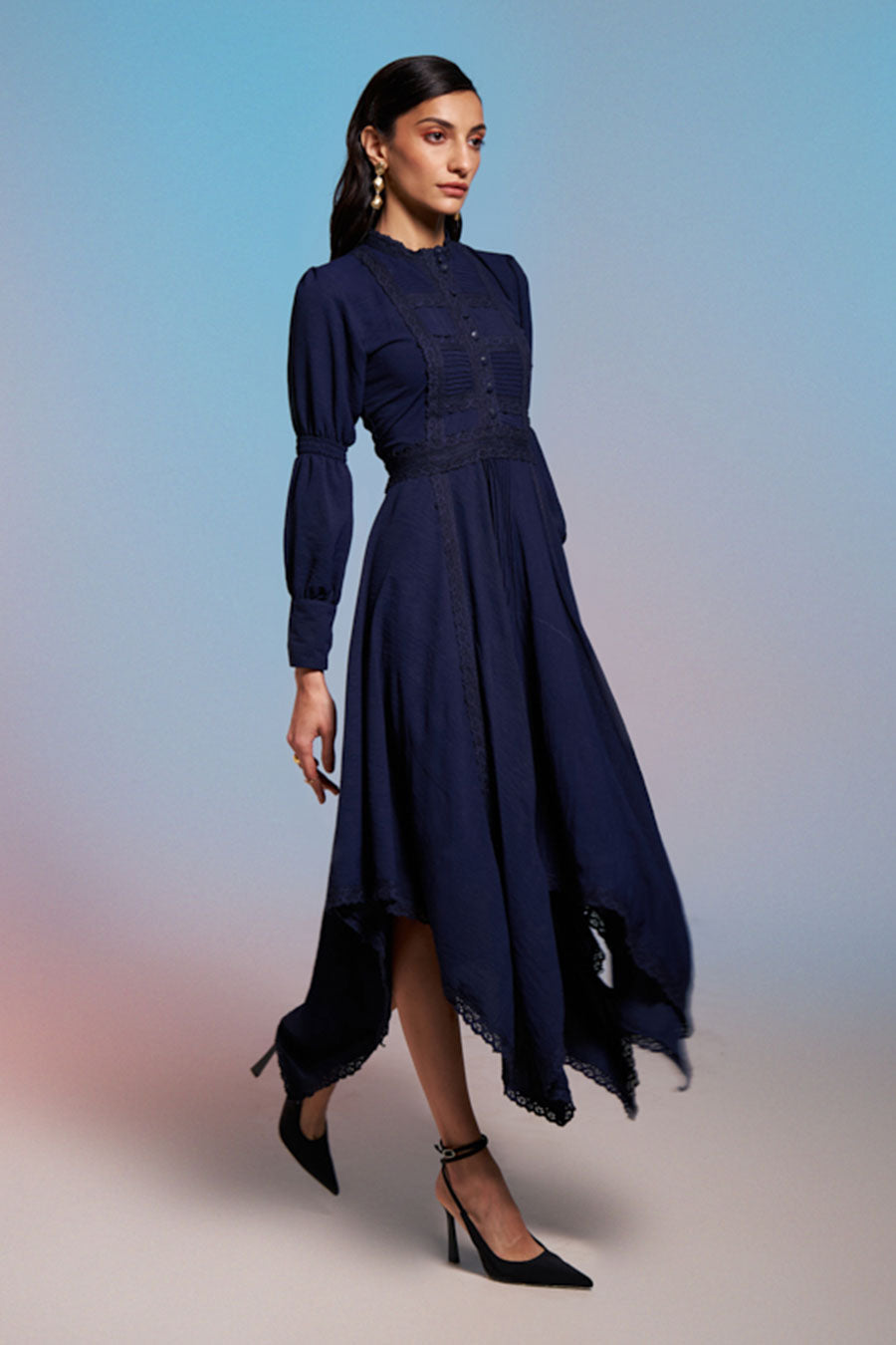 Blue Asymmetric Lace Dress