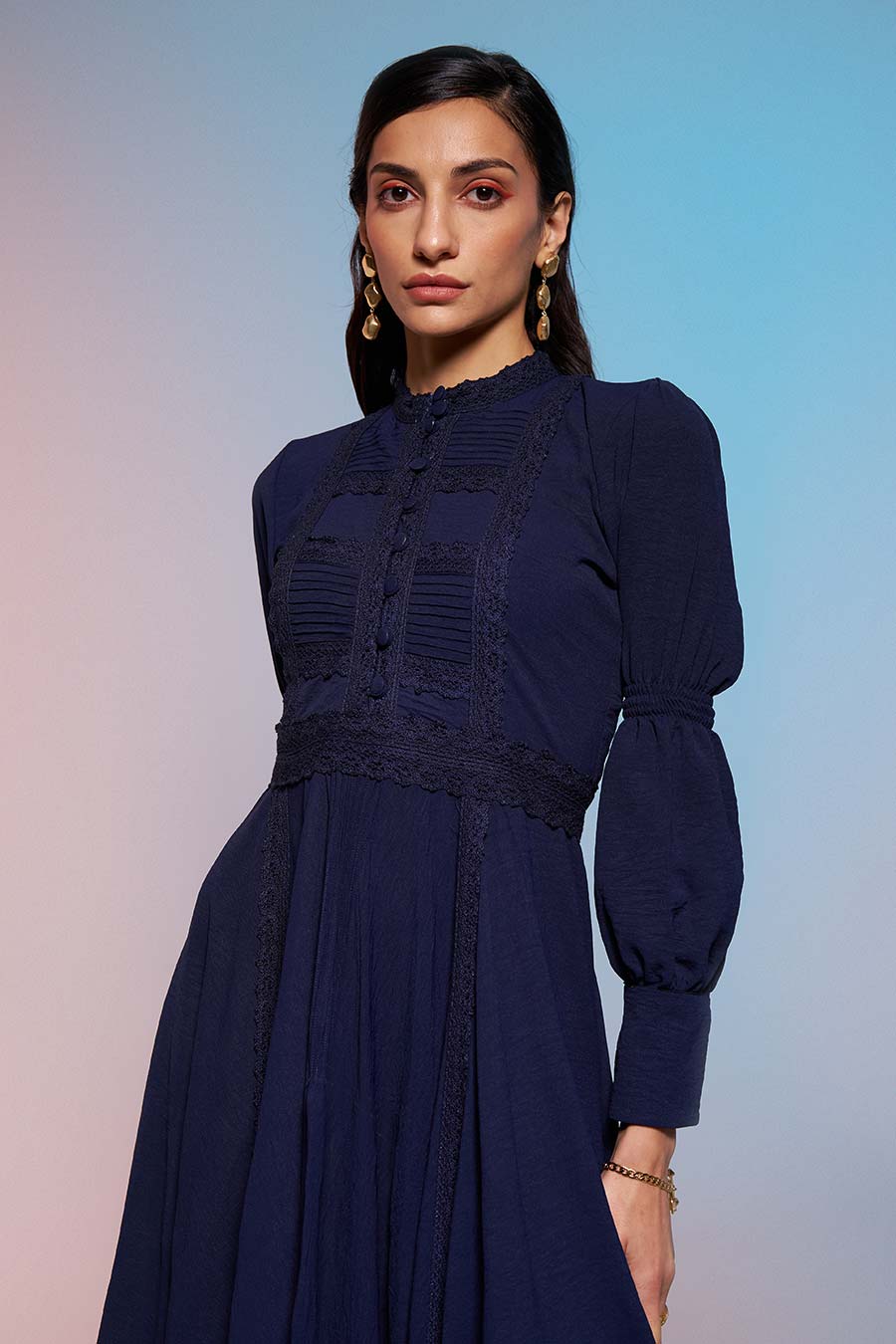 Blue Asymmetric Lace Dress