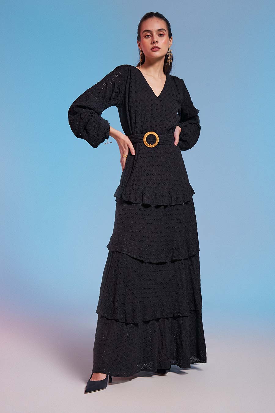 Black Schiffli Embroidered Maxi Dress