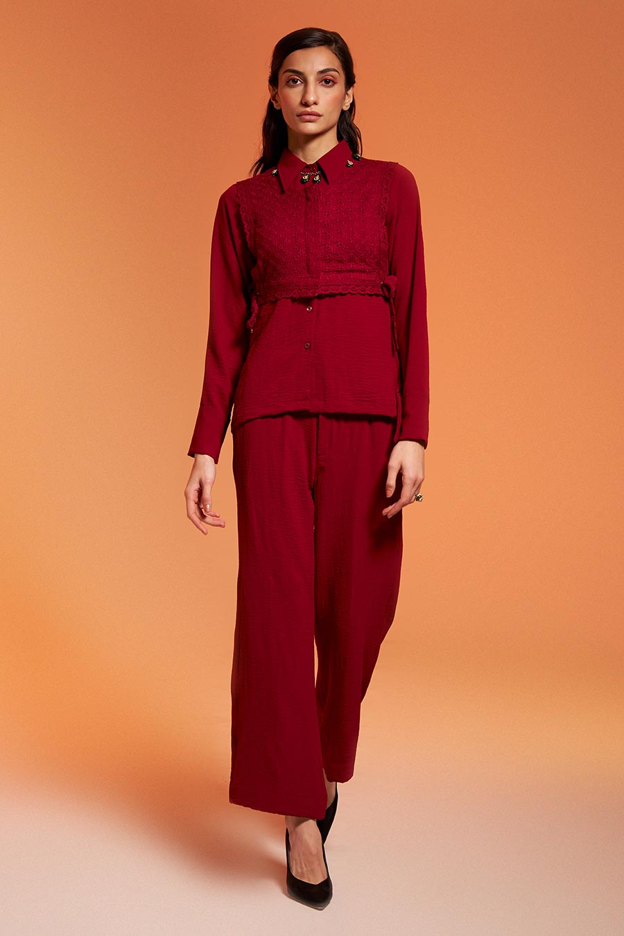 Maroon Waistcoat-Shirt & Pant Co-Ord Set