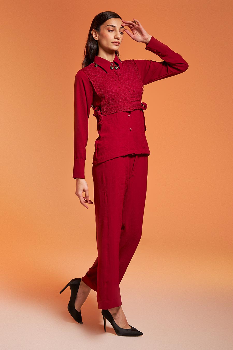 Maroon Waistcoat-Shirt & Pant Co-Ord Set