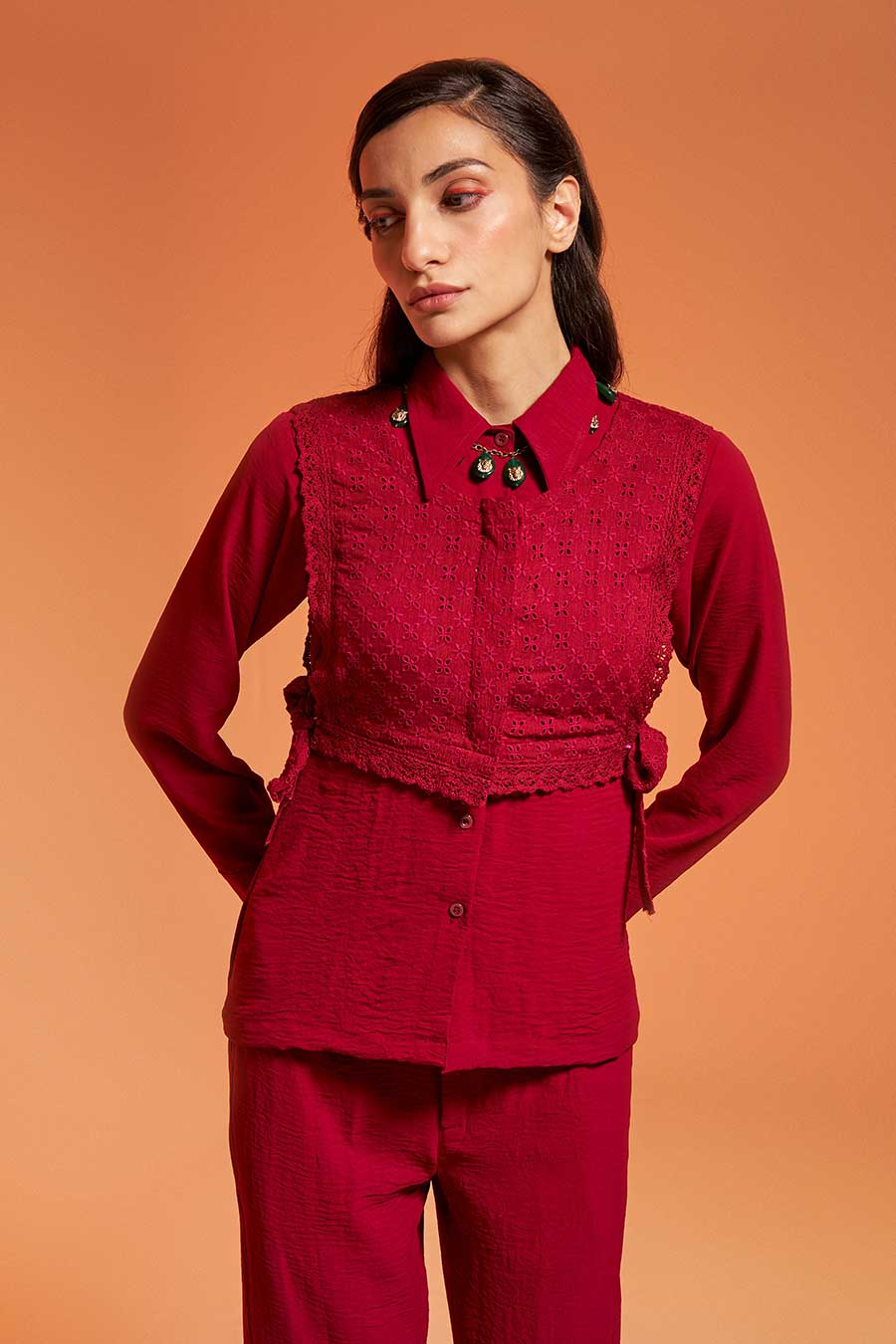 Maroon Waistcoat-Shirt & Pant Co-Ord Set