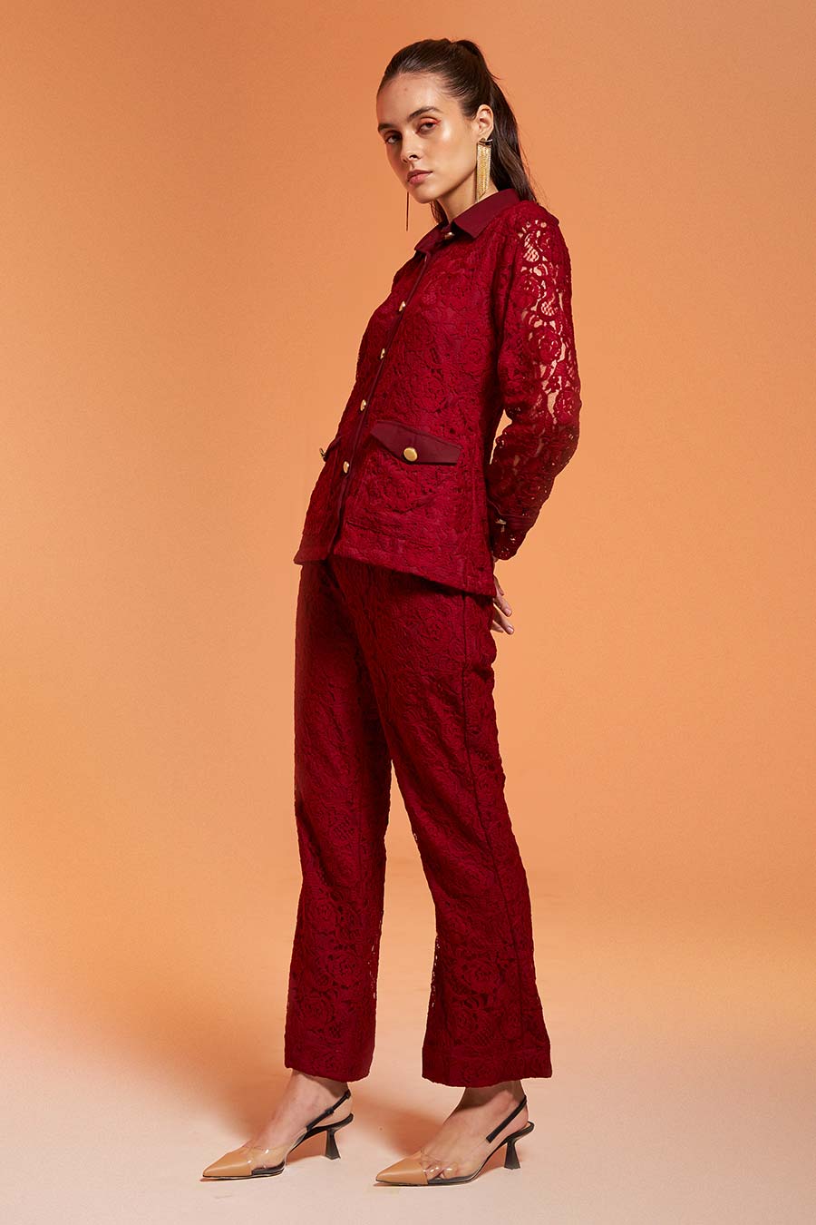 Maroon Lace Shirt & Pant Co-Ord Set