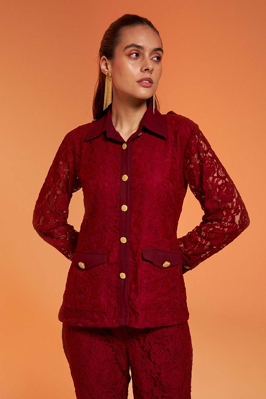 Maroon Lace Shirt & Pant Co-Ord Set