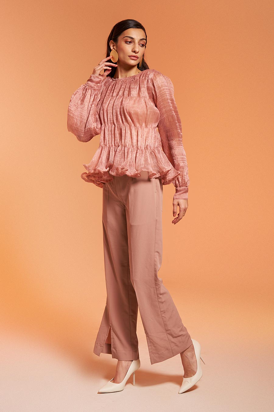 Peach Ruched Top & Pant Co-Ord Set