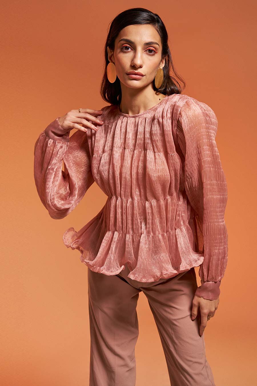 Peach Ruched Top & Pant Co-Ord Set