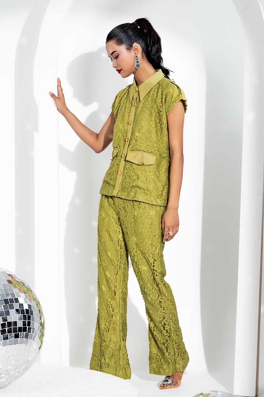 Lemon Green Kylie Lace Shirt & Pant Co-Ord Set