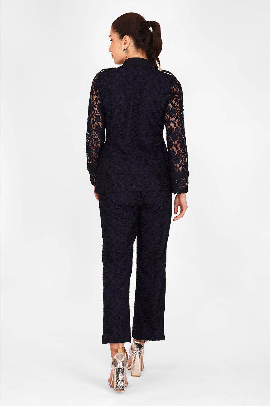 Blue Kylie Lace Shirt & Pant Co-Ord Set