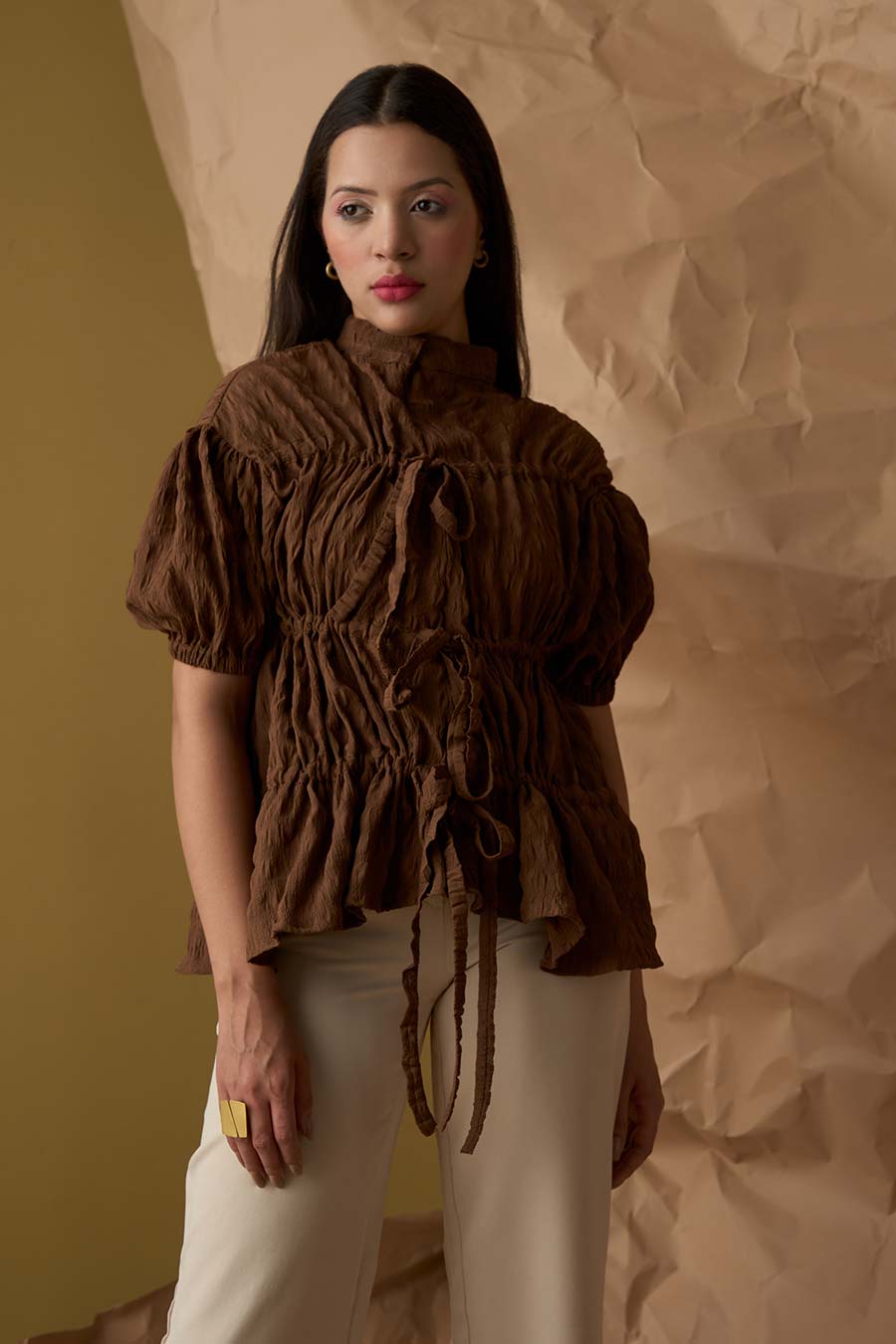 Brown Layered Tie-Up Top