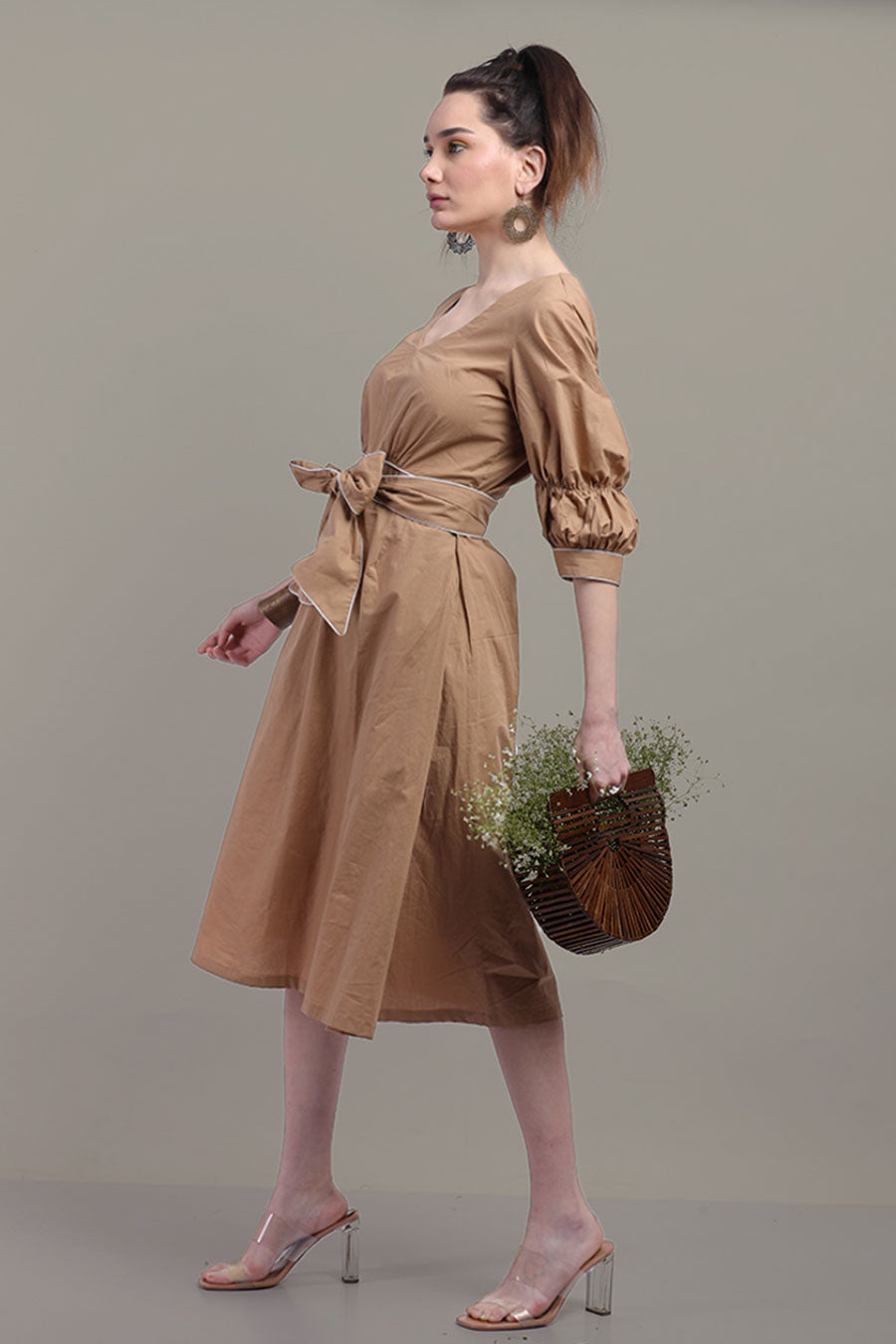 Beige Puff Sleeves Dress With Front Tie-Up