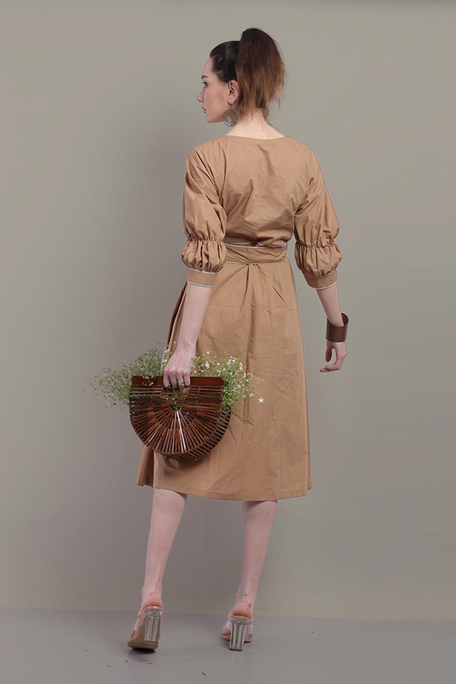 Beige Puff Sleeves Dress With Front Tie-Up