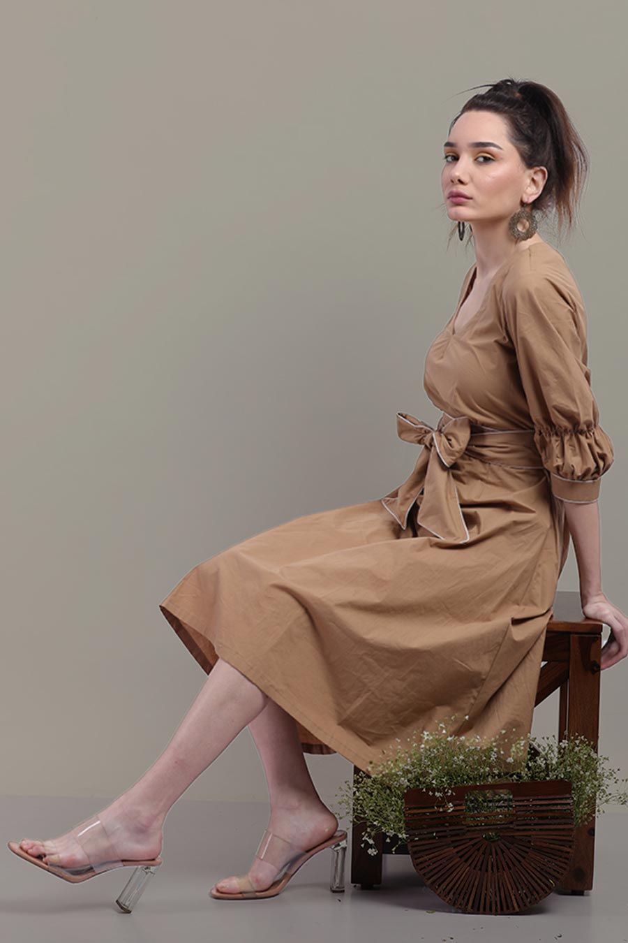 Beige Puff Sleeves Dress With Front Tie-Up