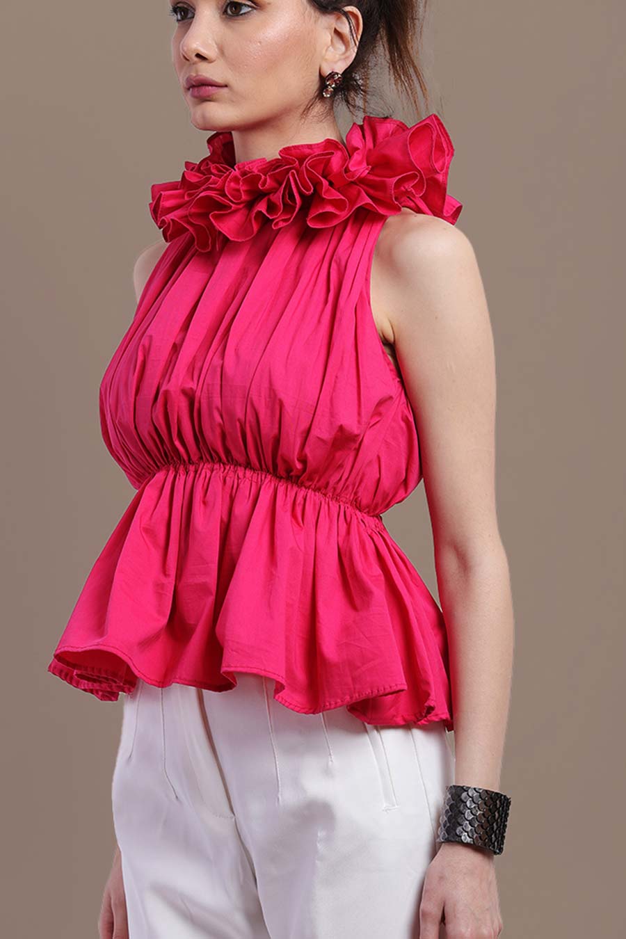 Pink High-Neck Ruffle Top