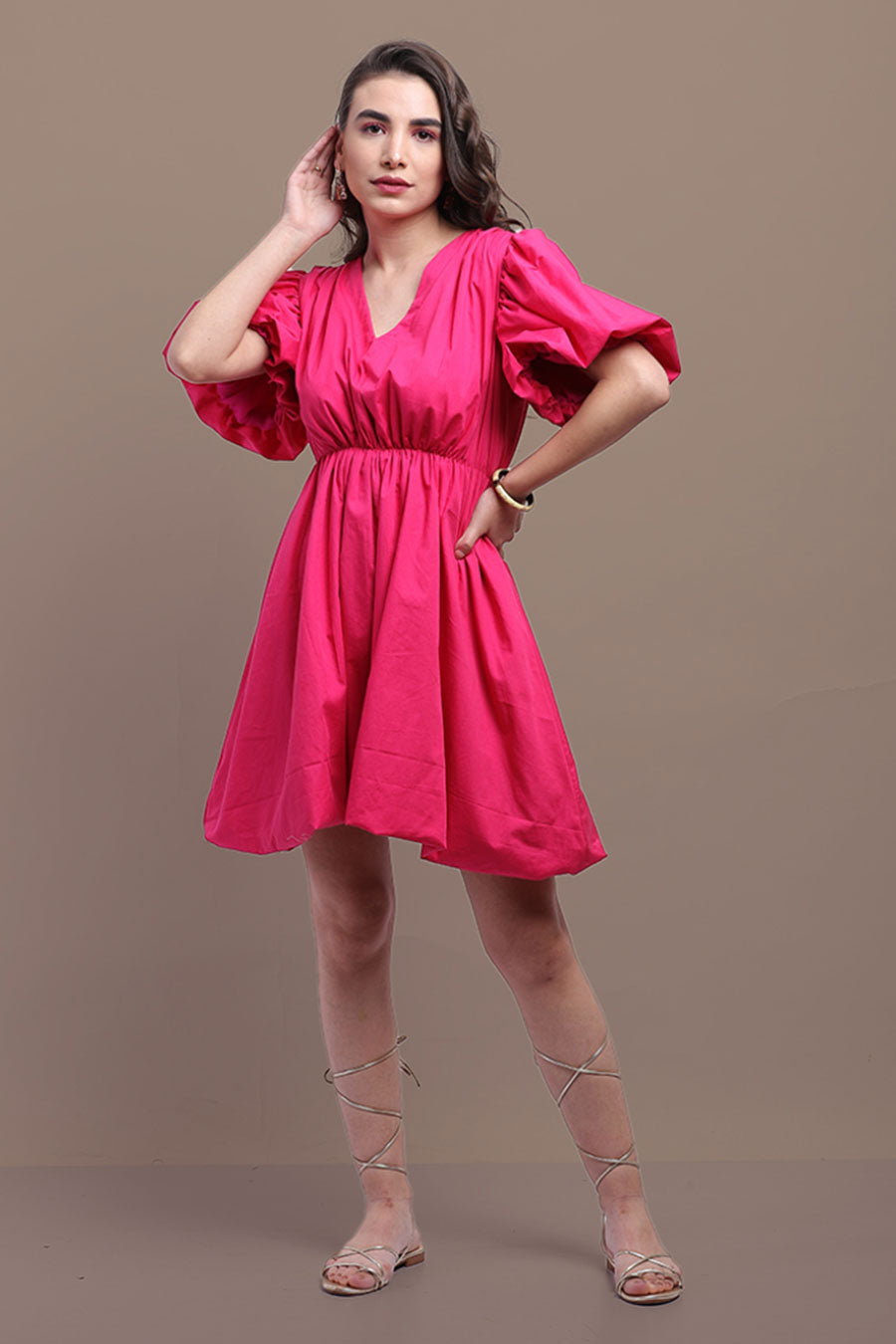 Pink Puff Sleeves Short Dress