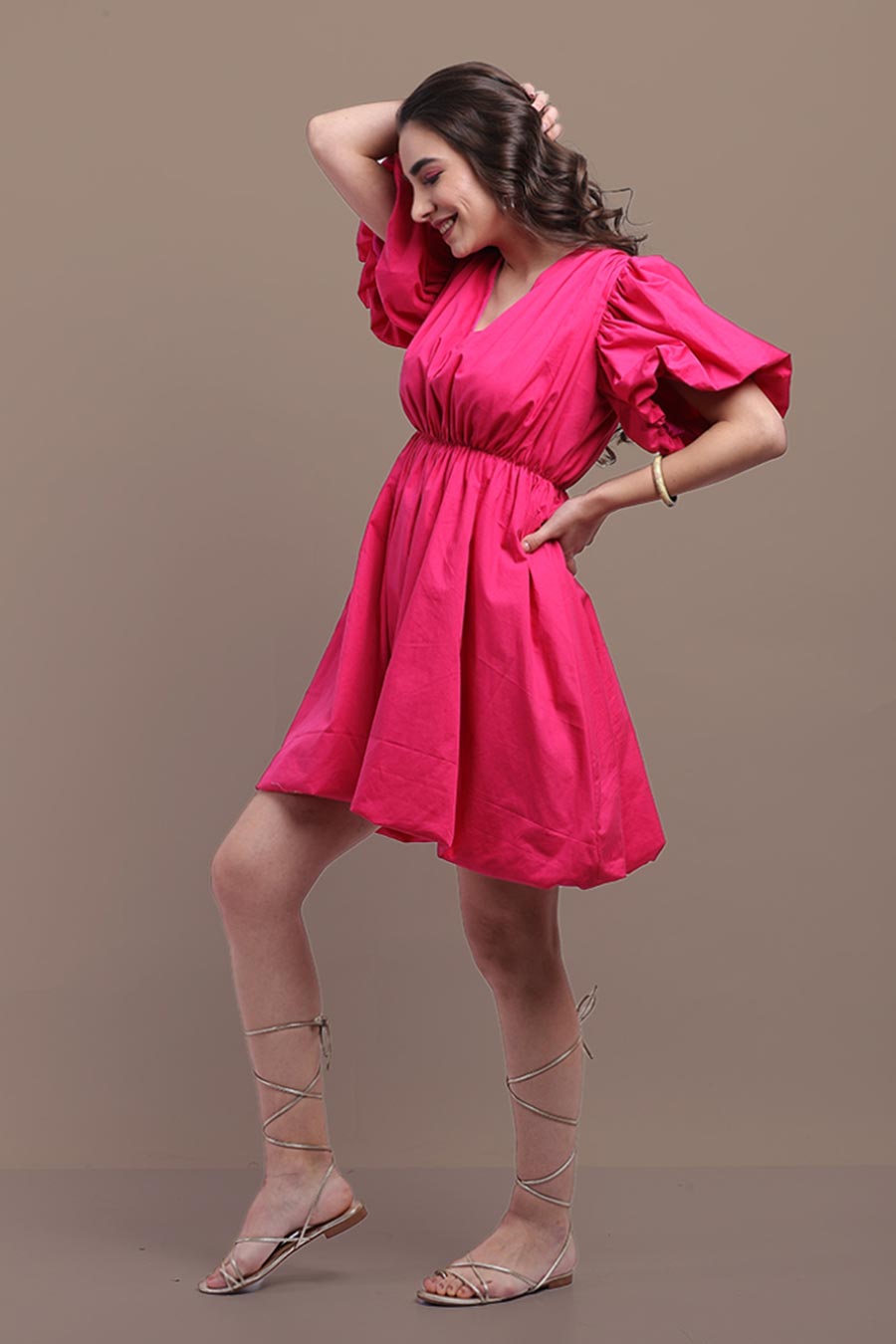 Pink Puff Sleeves Short Dress