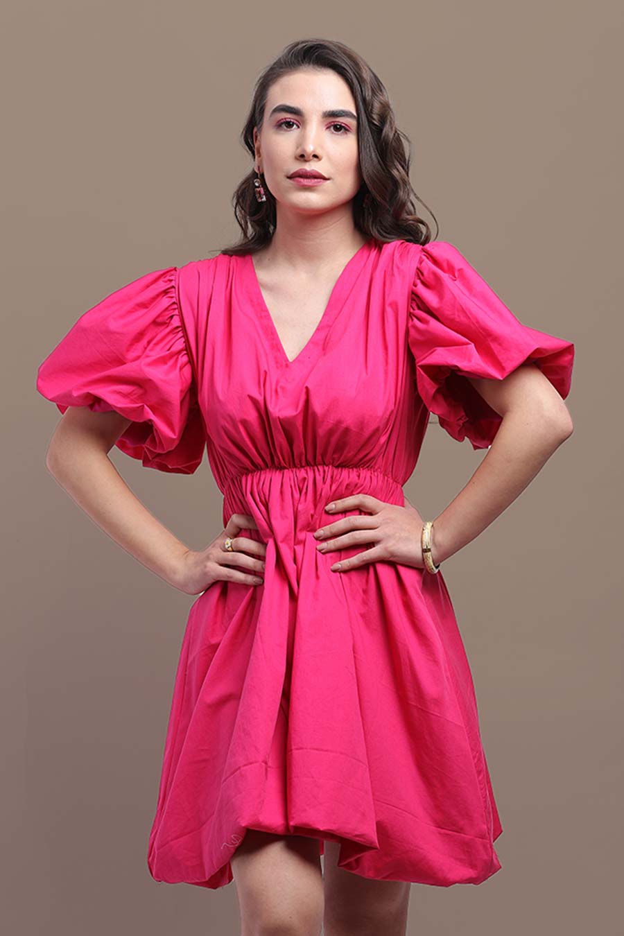 Pink Puff Sleeves Short Dress