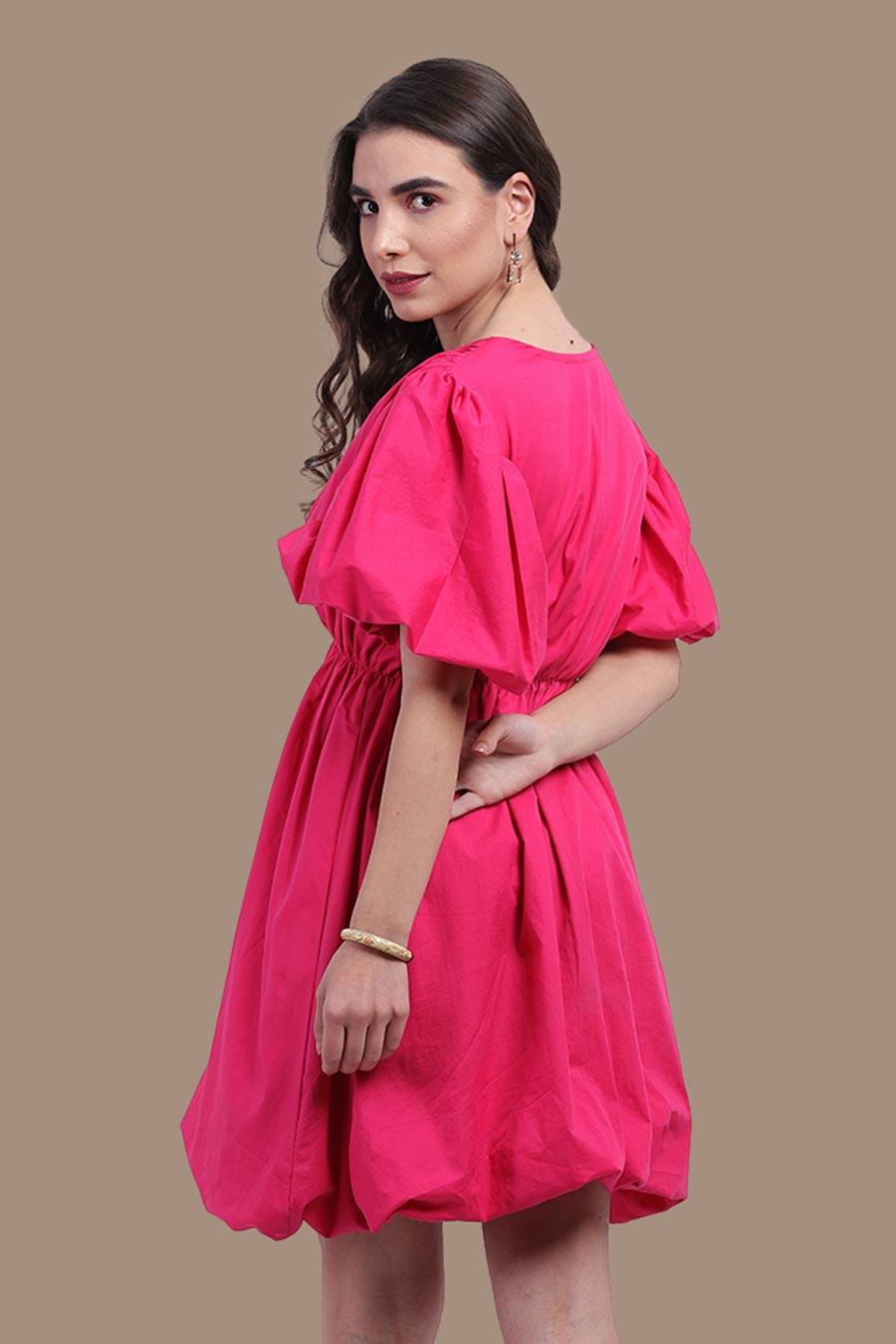 Pink Puff Sleeves Short Dress