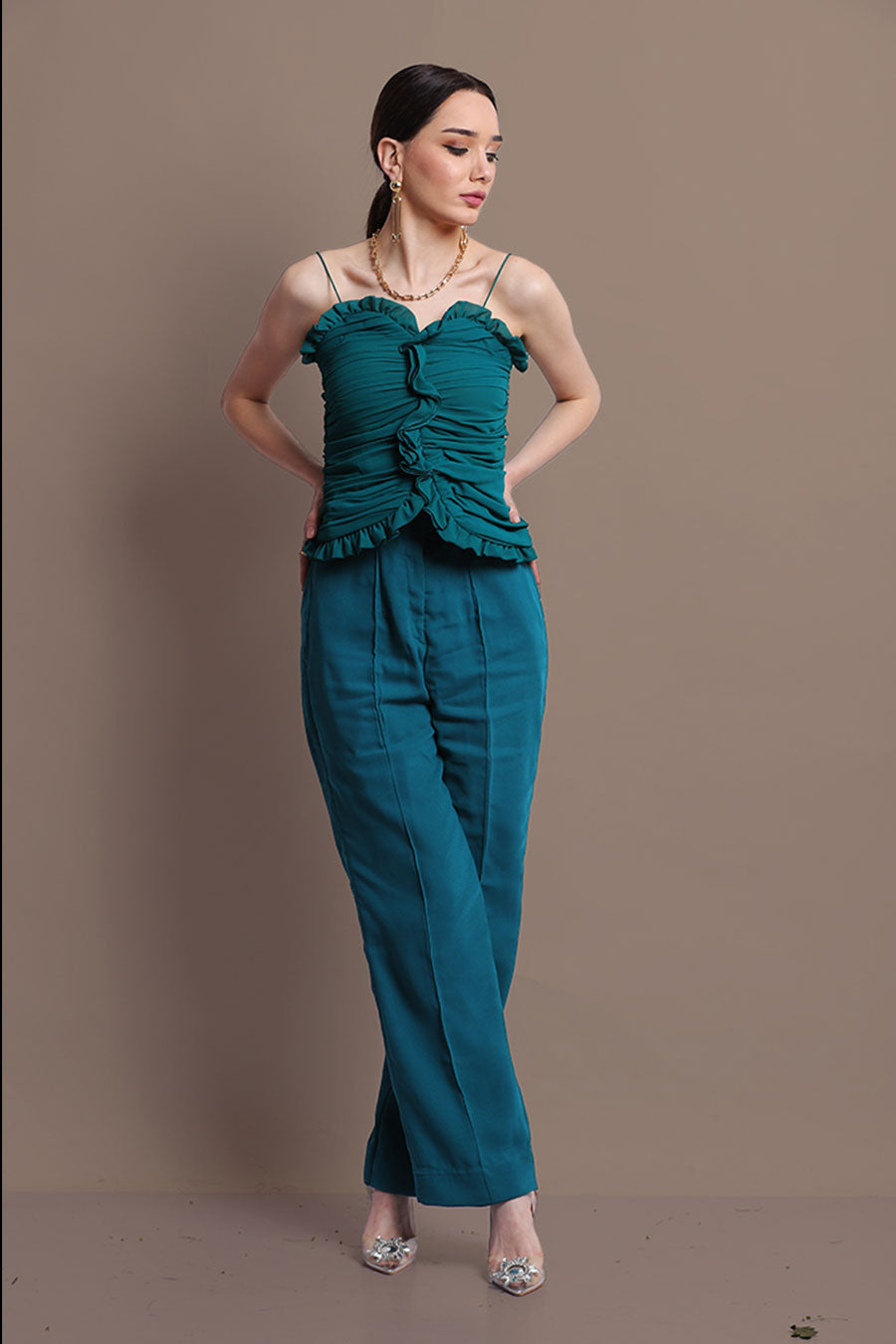 Green Ruched Top & Pants Co-Ord Set