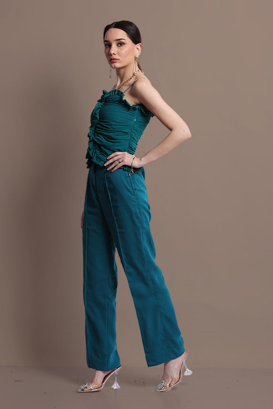 Green Ruched Top & Pants Co-Ord Set