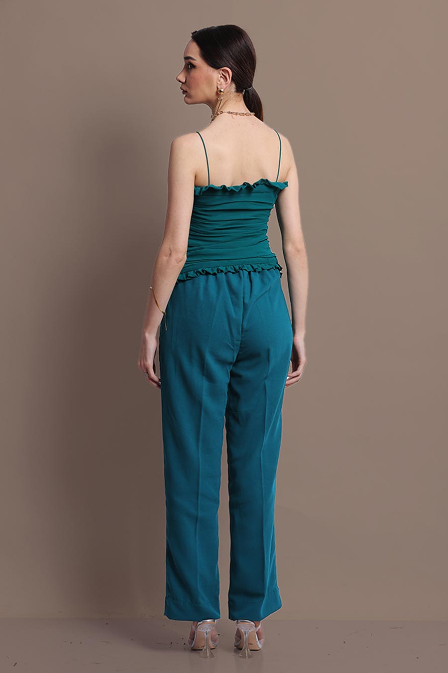 Green Ruched Top & Pants Co-Ord Set