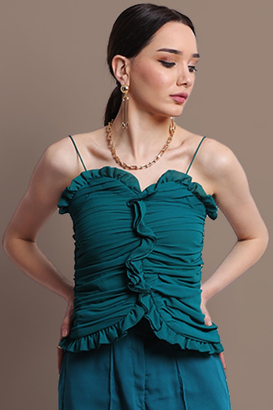 Green Ruched Top & Pants Co-Ord Set