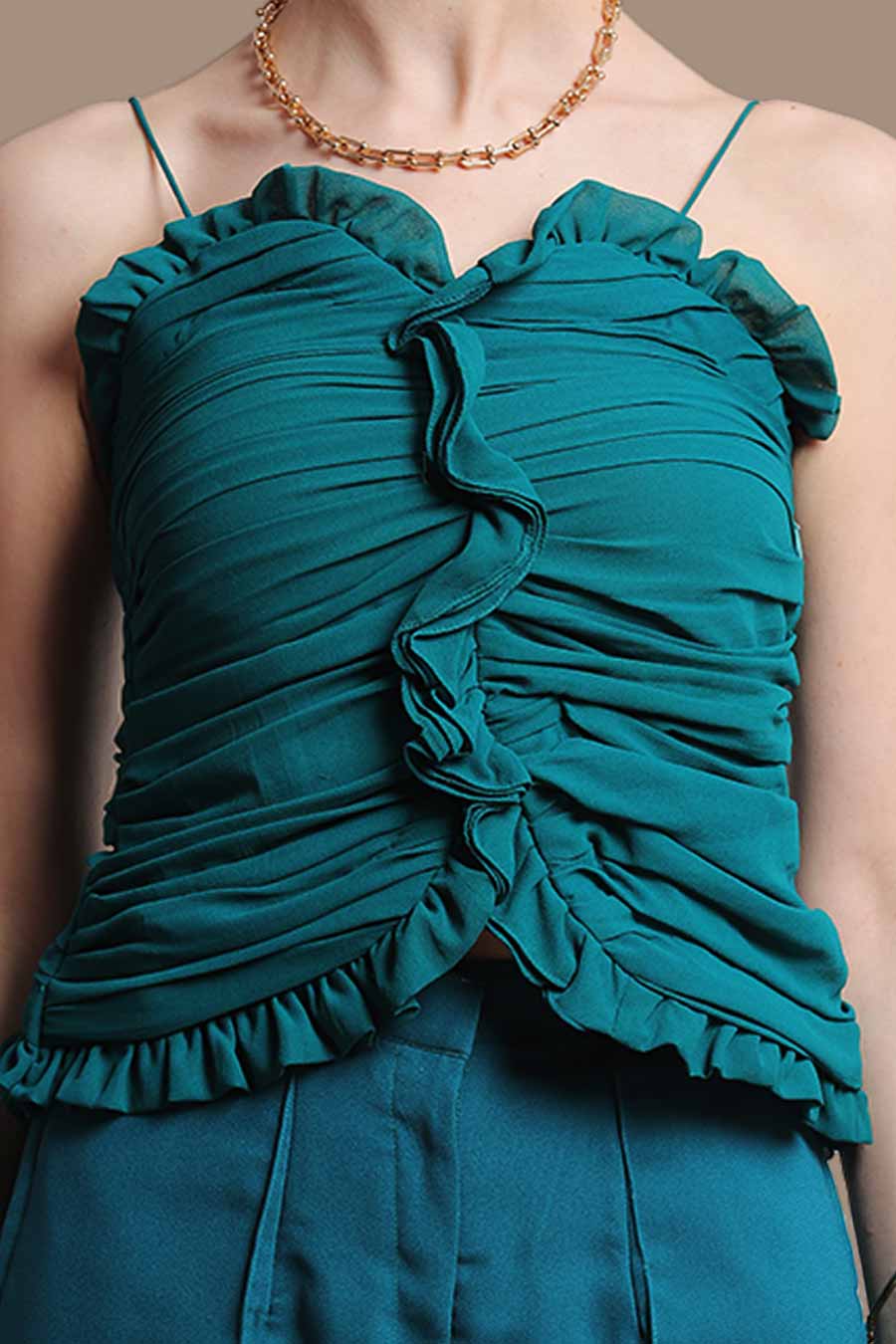 Green Ruched Top & Pants Co-Ord Set