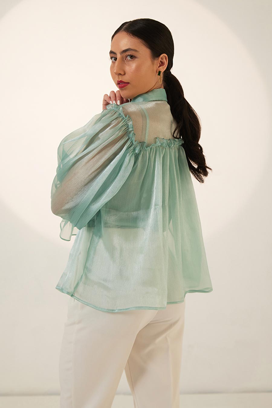 Green Organza Ruffle Top