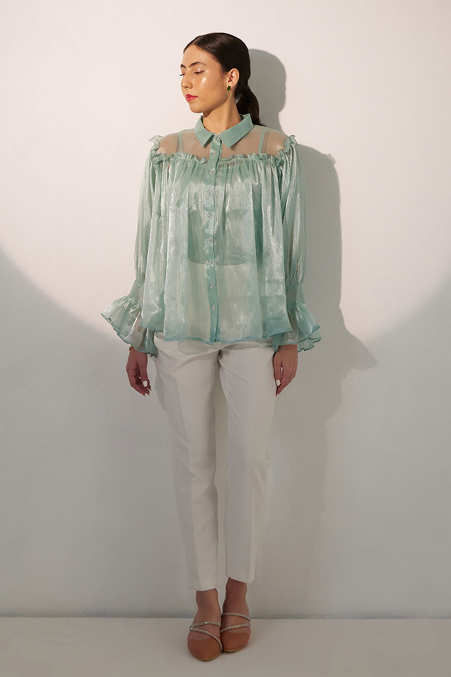Green Organza Ruffle Top