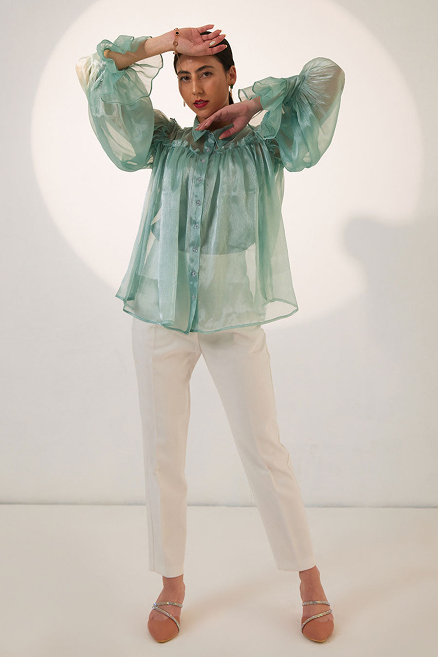 Green Organza Ruffle Top