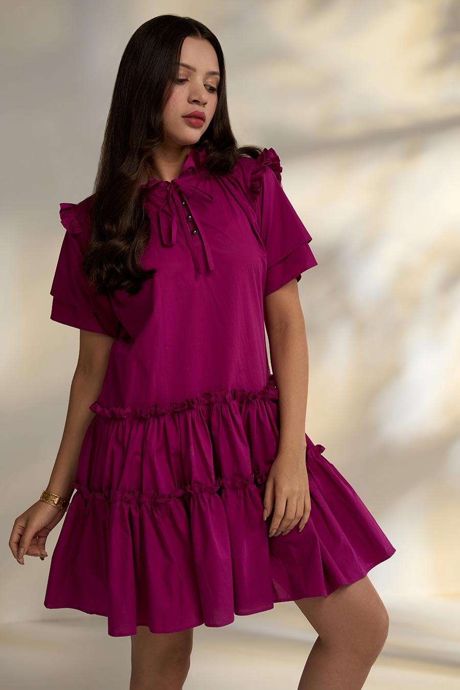 Pink Ruffle Tiered Dress With Front Tie-Up
