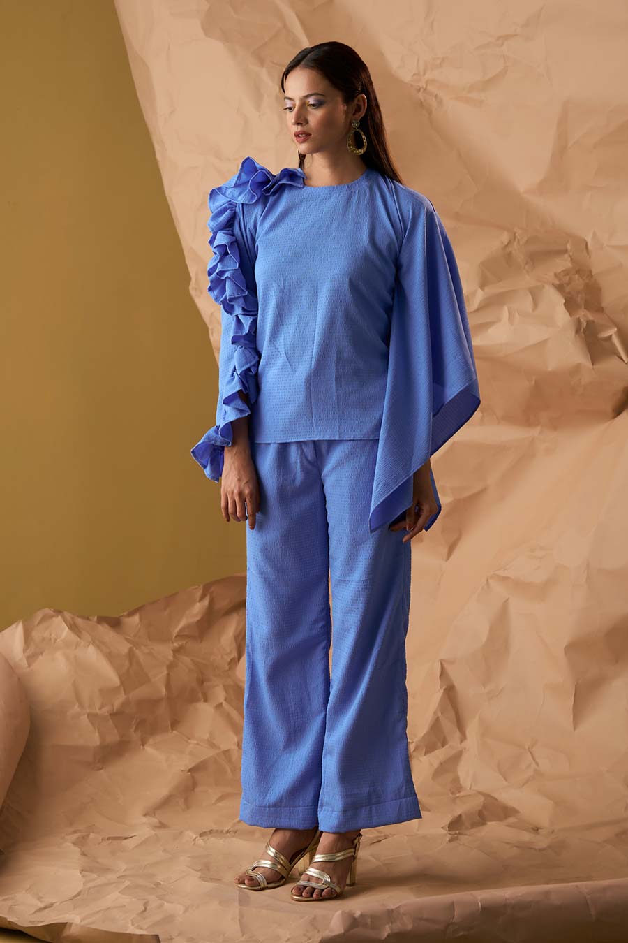 Blue Kaftan Frill Top & Pant Co-Ord Set
