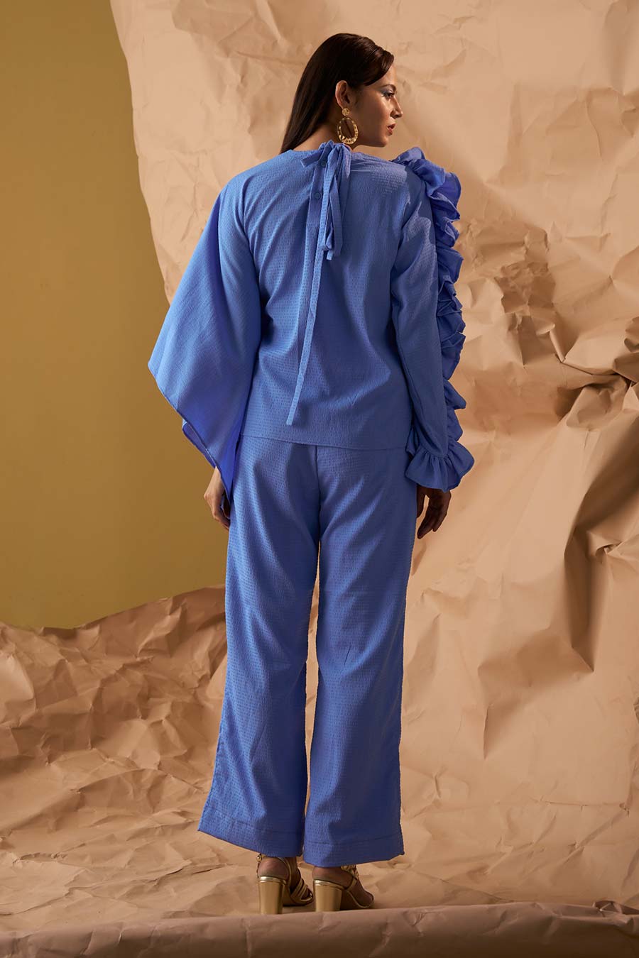 Blue Kaftan Frill Top & Pant Co-Ord Set