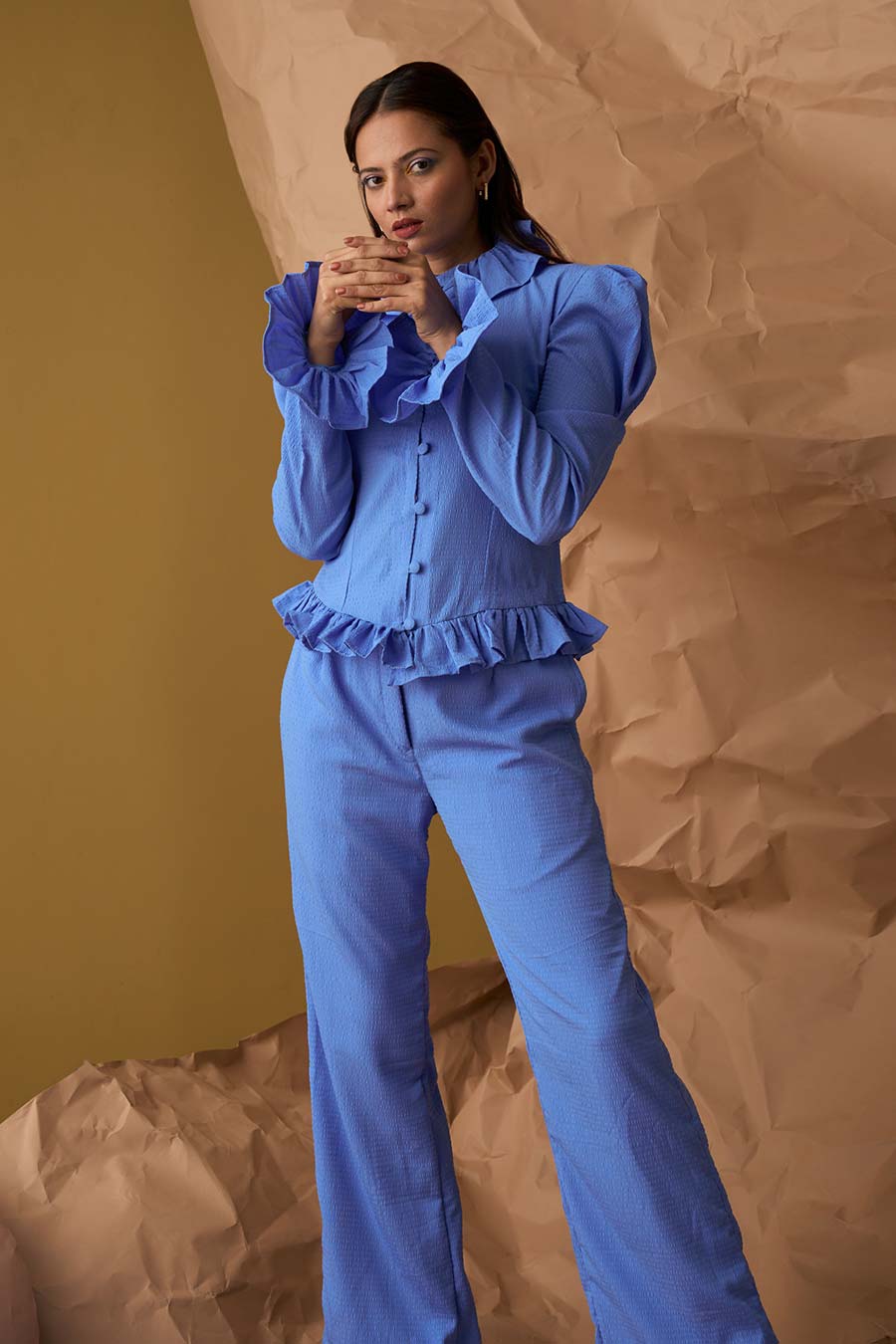 Blue Ruffle Neck Shirt & Pant Co-Ord Set