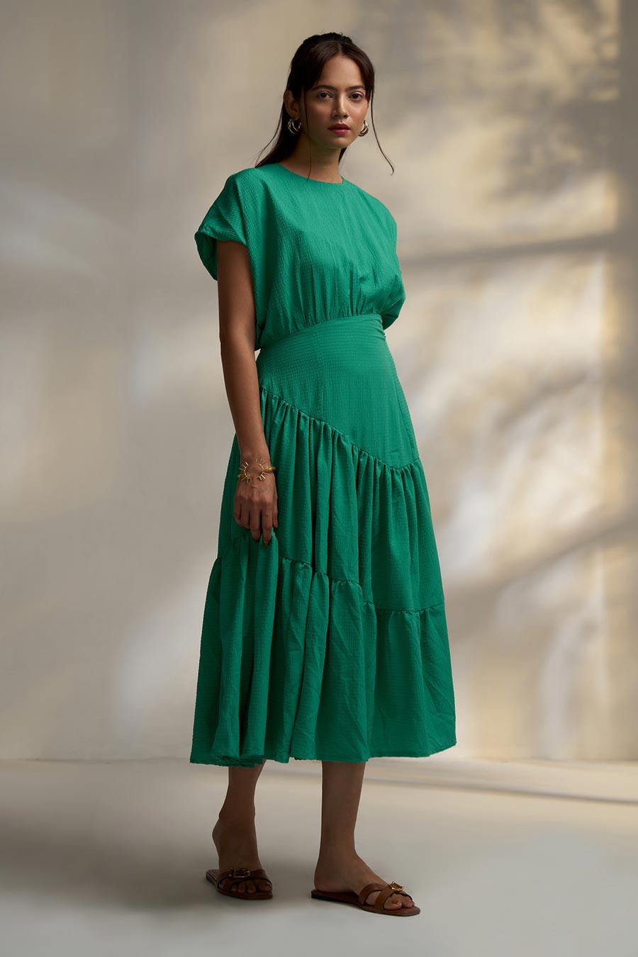 Green Asymmetric Waist Tier Dress