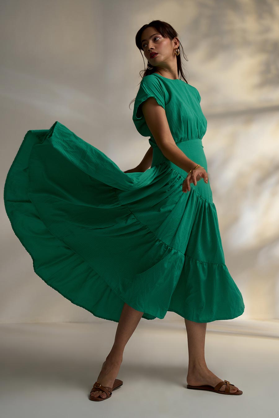 Green Asymmetric Waist Tier Dress