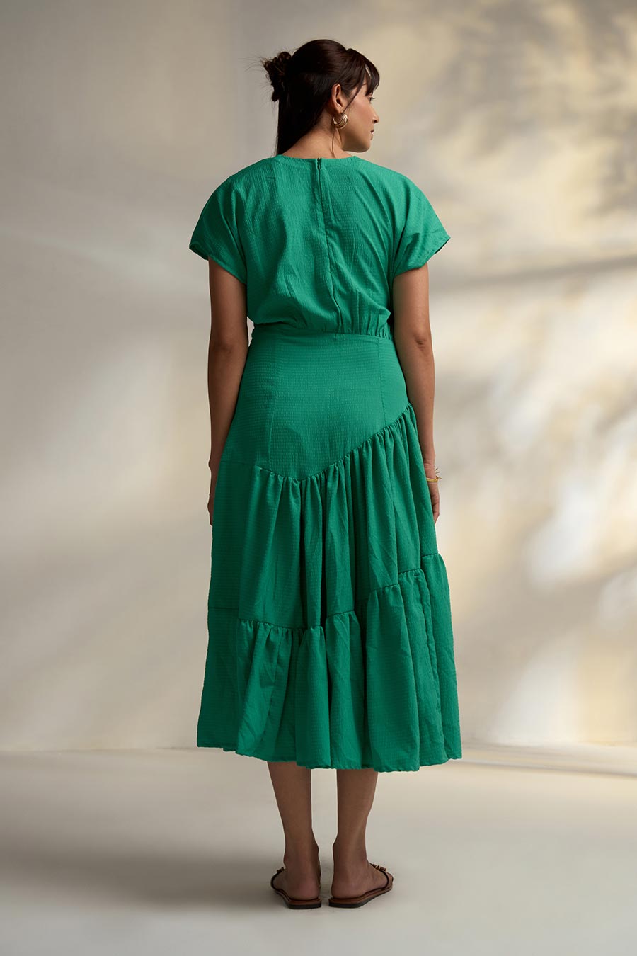 Green Asymmetric Waist Tier Dress